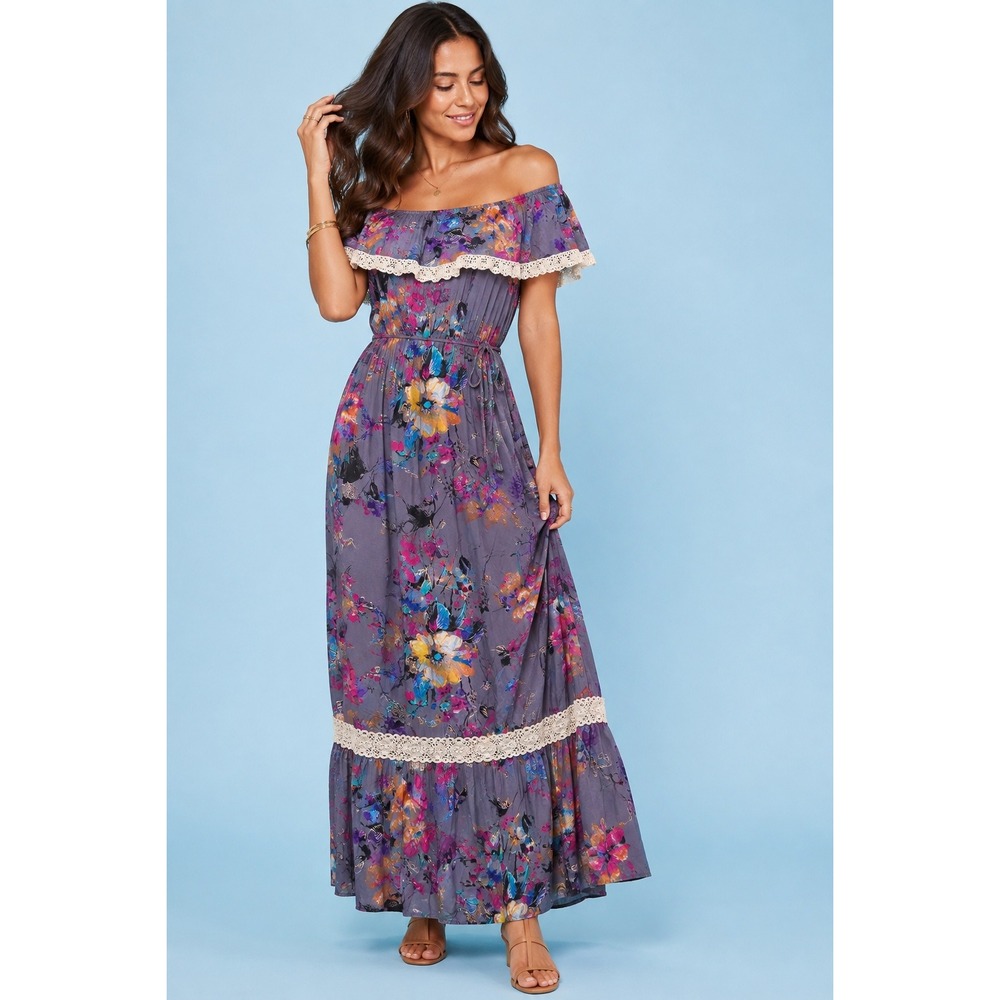 UMGEE Boho Purple Floral Off Shoulder Crochet Lace Cottagecore Maxi Dress - S